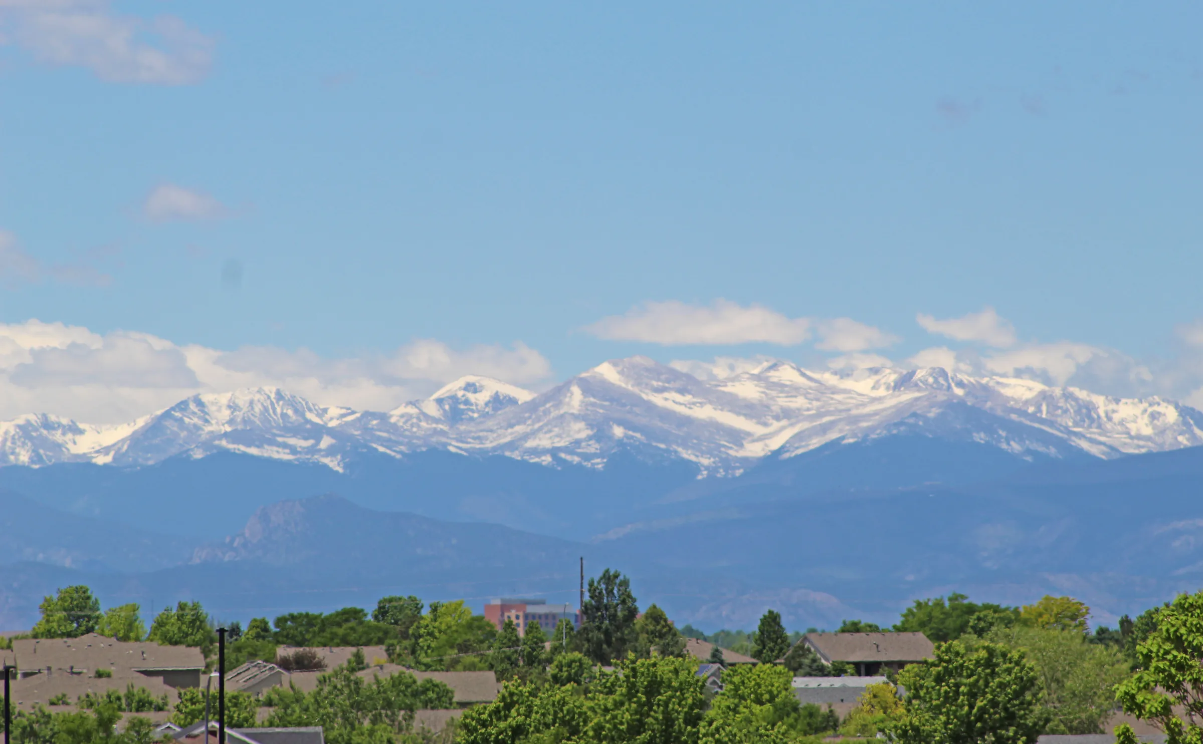 The Front Range seen beyond rooftops and mature trees in Greeley, Colorado