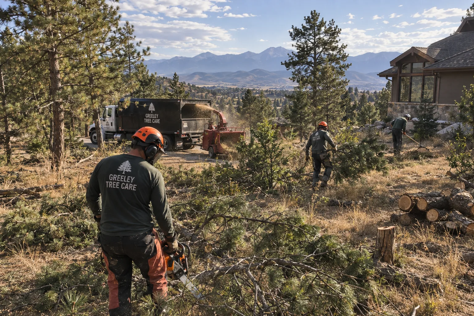Crew performing defensible space fuel reduction on a Colorado foothills property with a chipper and chip truck